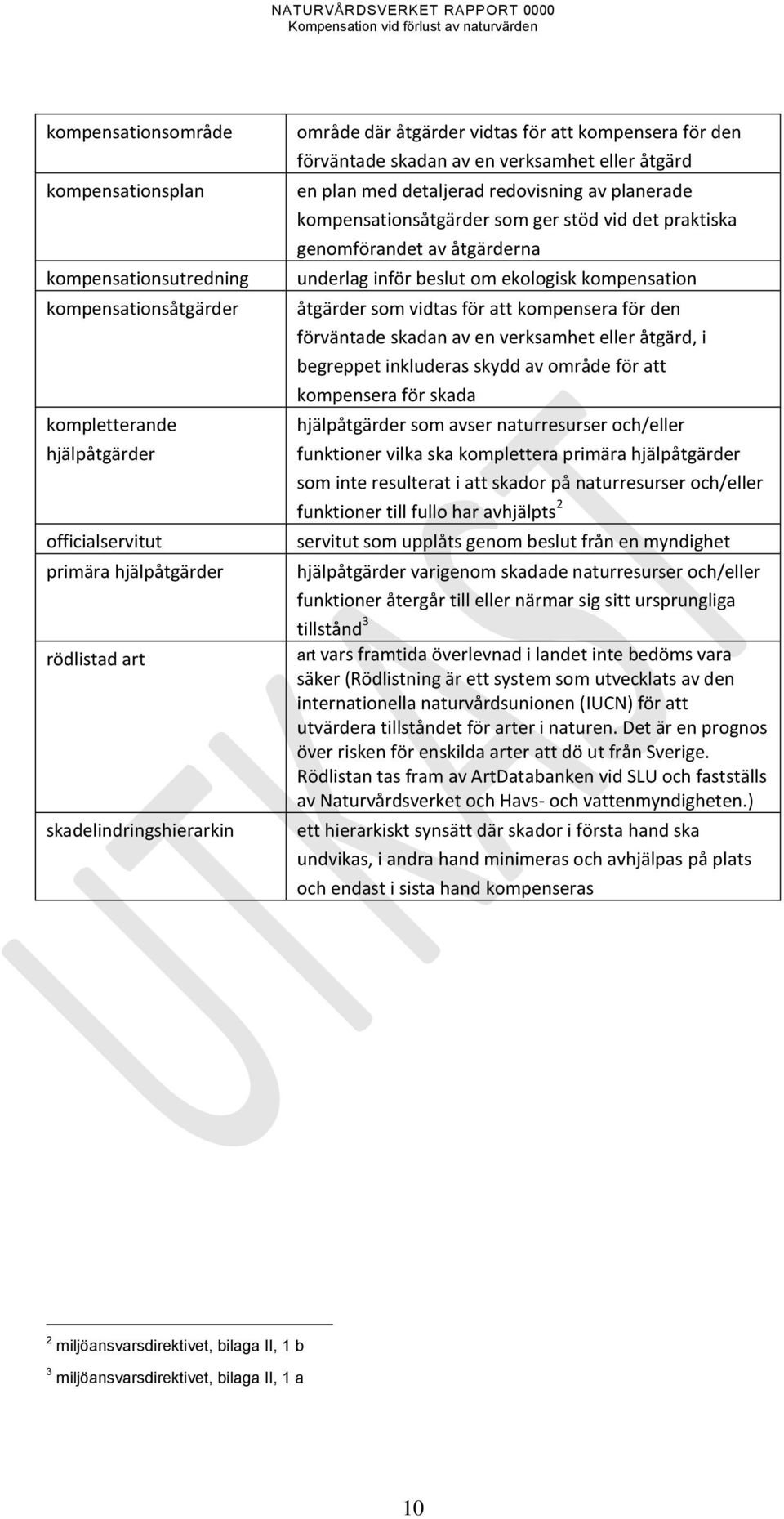 genomförandet av åtgärderna underlag inför beslut om ekologisk kompensation åtgärder som vidtas för att kompensera för den förväntade skadan av en verksamhet eller åtgärd, i begreppet inkluderas