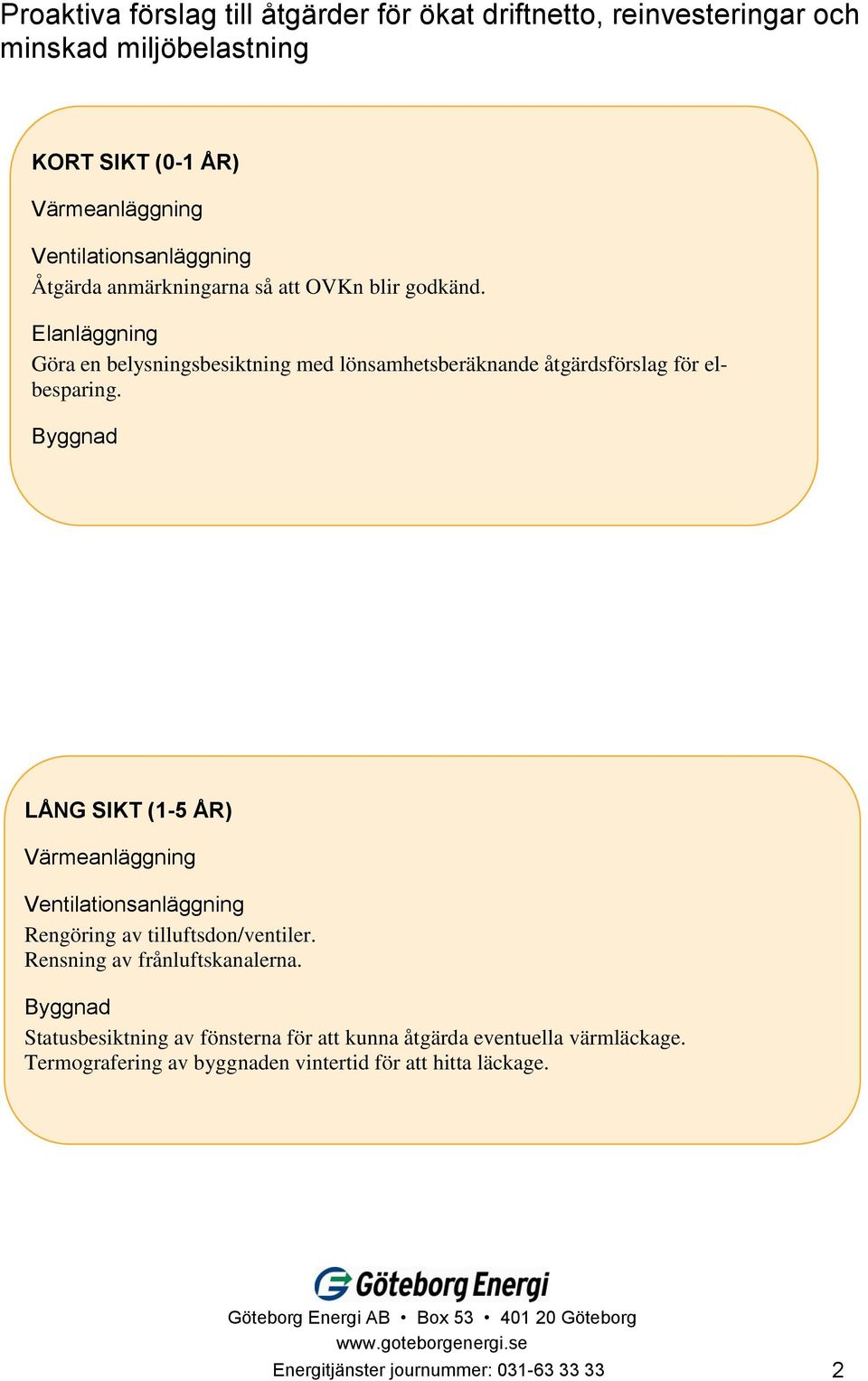 Byggnad LÅNG SIKT (1-5 ÅR) Värmeanläggning Ventilationsanläggning Rengöring av tilluftsdon/ventiler. Rensning av frånluftskanalerna.