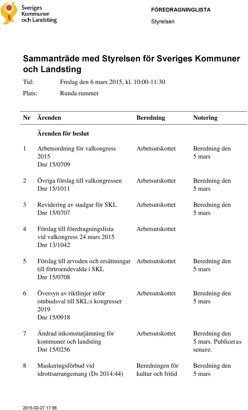 stadgar för SKL Dnr 15/0707 4 Förslag till föredragningslista vid valkongress 24 mars 2015 Dnr 13/1042 5 Förslag till arvoden och ersättningar till förtroendevalda i SKL Dnr 15/0708 6 Översyn av