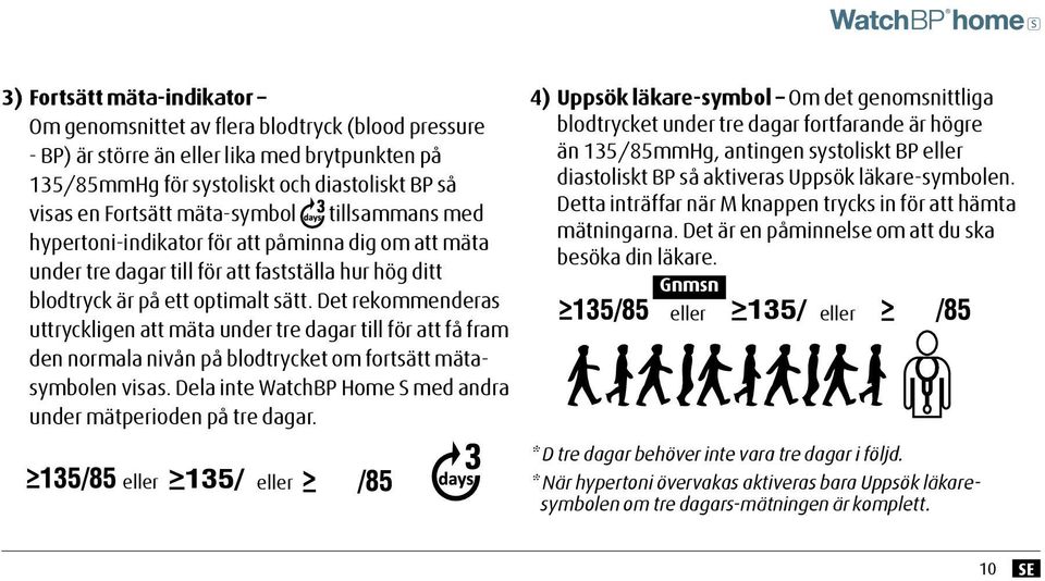 Det rekommenderas uttryckligen att mäta under tre dagar till för att få fram den normala nivån på blodtrycket om fortsätt mätasymbolen visas.