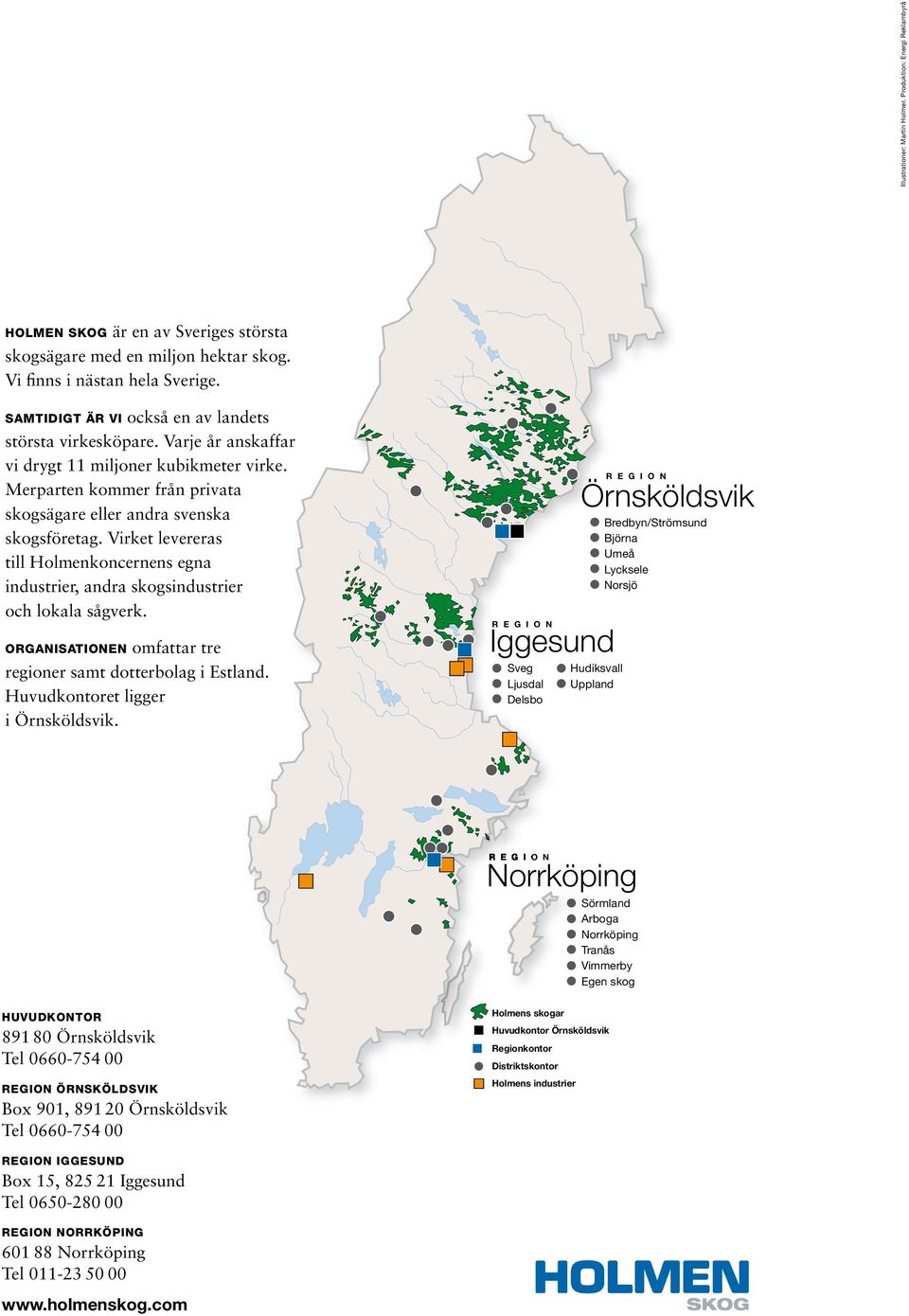 Virket levereras till Holmenkoncernens egna industrier, andra skogsindustrier och lokala sågverk. Organisationen omfattar tre regioner samt dotterbolag i Estland. Huvudkontoret ligger i Örnsköldsvik.