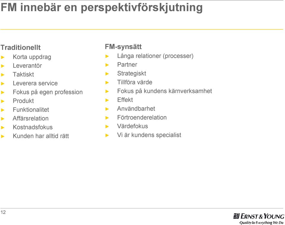 alltid rätt FM-synsätt Långa relationer (processer) Partner Strategiskt Tillföra värde Fokus