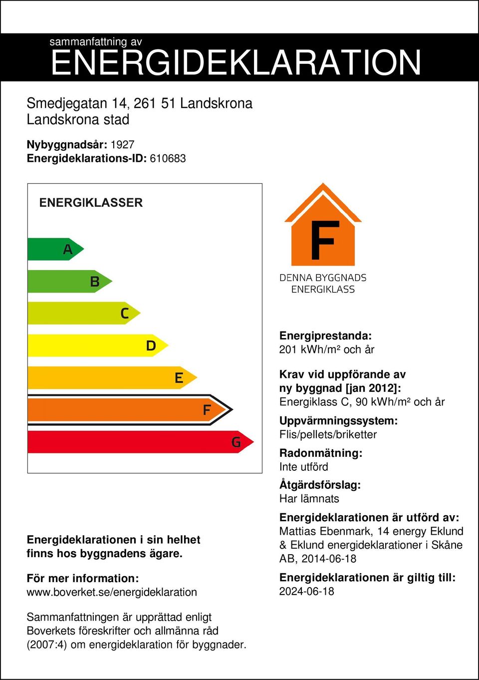 se/energideklaration Krav vid uppförande av ny byggnad [jan 2012]: Energiklass C, 90 /m² och år Uppvärmningssystem: Flis/pellets/briketter Radonmätning: Inte utförd Åtgärdsförslag: Har