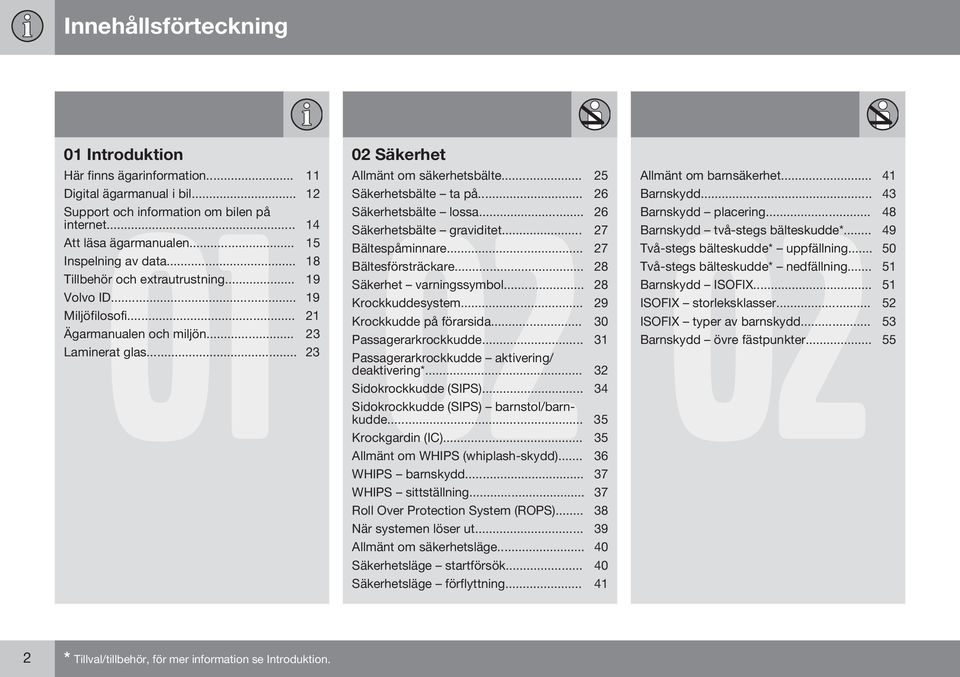 .. 18 Bältesförsträckare... 28 Tillbehör och extrautrustning... 19 Säkerhet varningssymbol... 28 Volvo ID... 19 Krockkuddesystem... 29 Miljöfilosofi... 21 Krockkudde på förarsida.