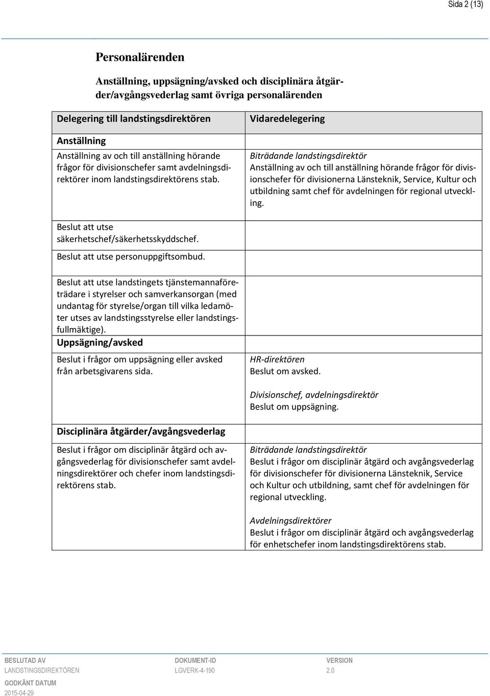 Biträdande landstingsdirektör Anställning av och till anställning hörande frågor för divisionschefer för divisionerna Länsteknik, Service, Kultur och utbildning samt chef för avdelningen för regional