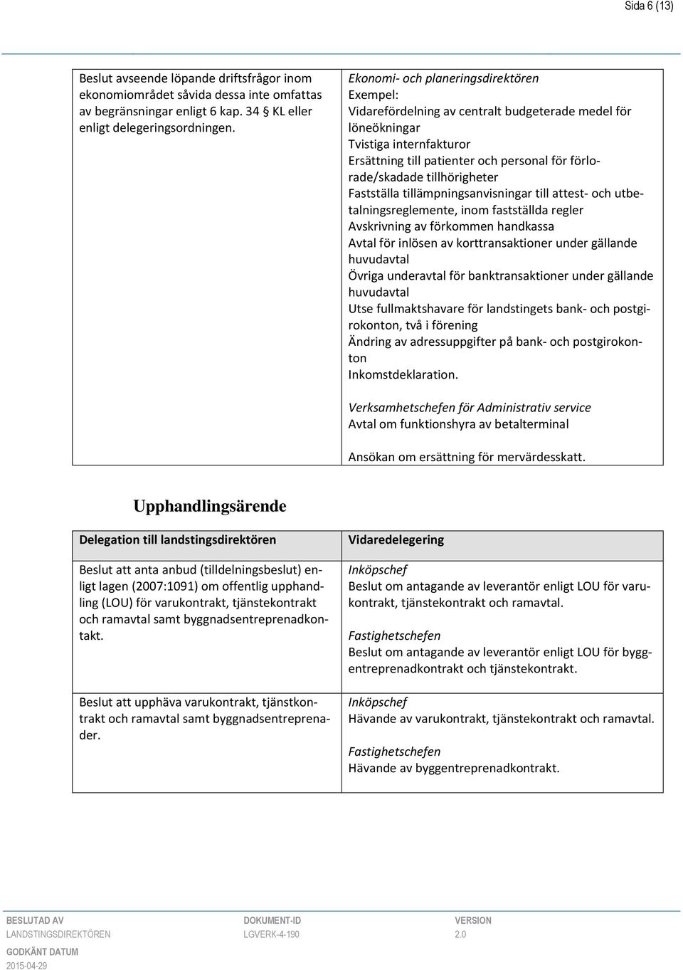 tillämpningsanvisningar till attest- och utbetalningsreglemente, inom fastställda regler Avskrivning av förkommen handkassa Avtal för inlösen av korttransaktioner under gällande huvudavtal Övriga