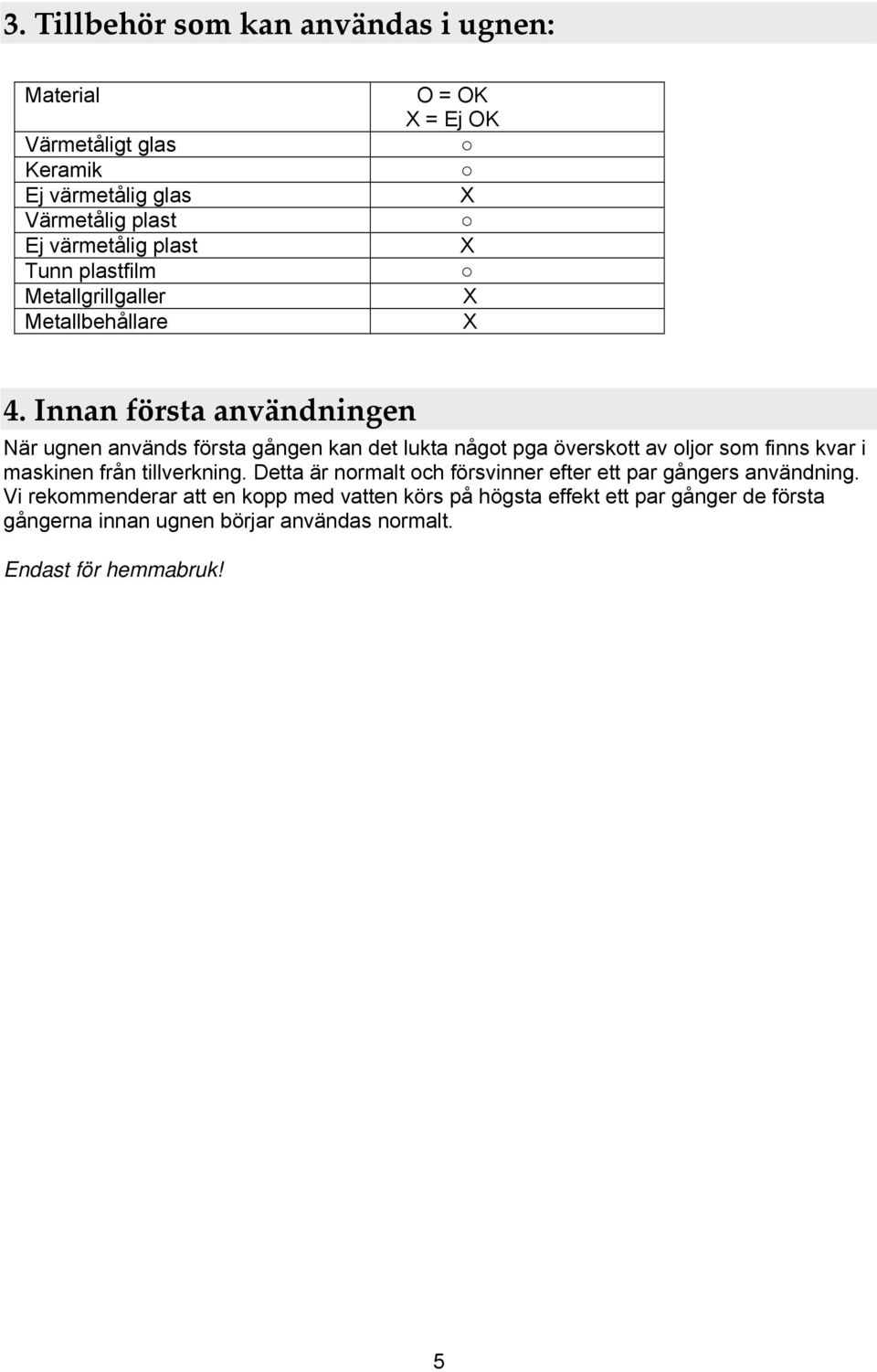 Innan första användningen När ugnen används första gången kan det lukta något pga överskott av oljor som finns kvar i maskinen från