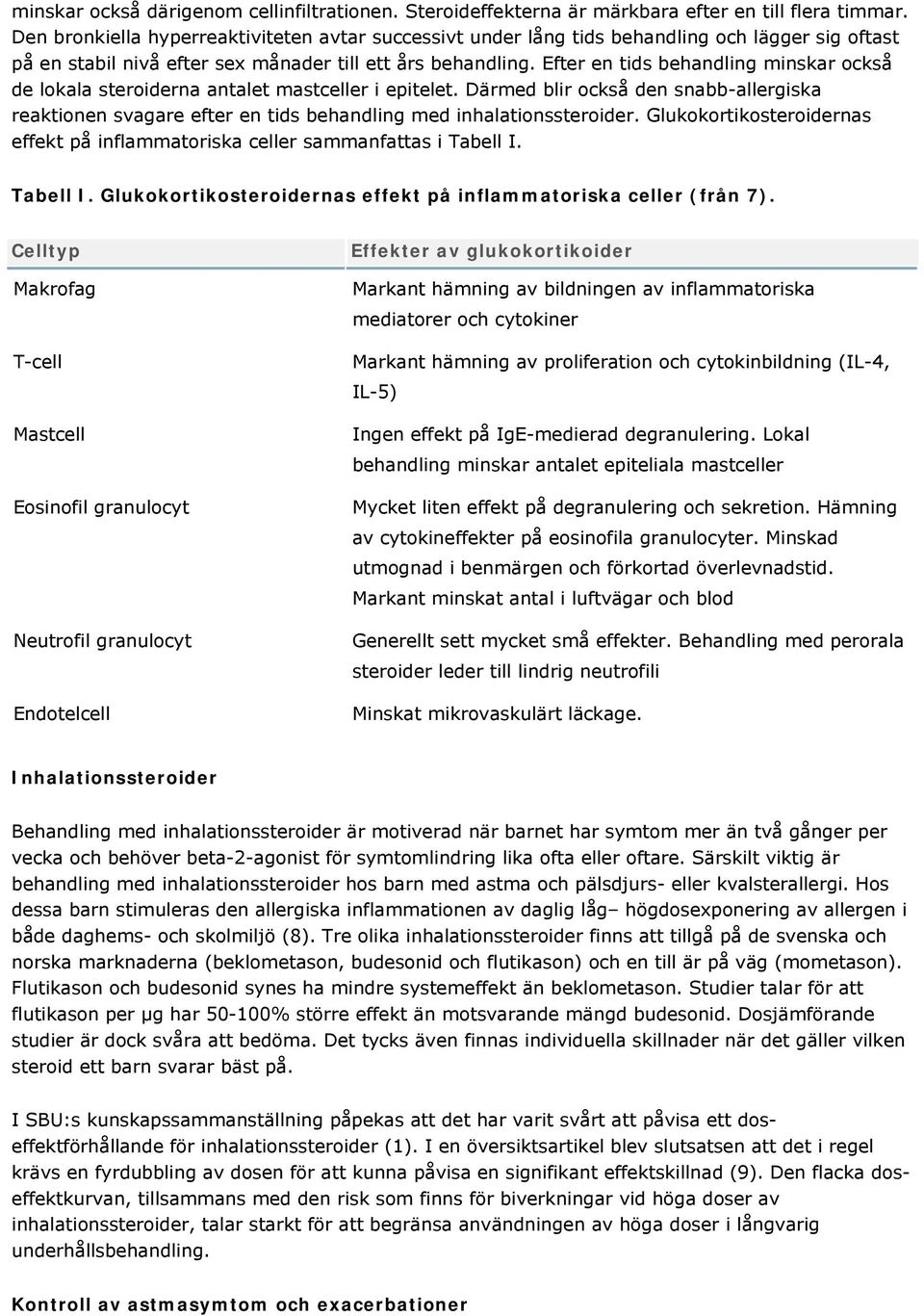 Efter en tids behandling minskar också de lokala steroiderna antalet mastceller i epitelet. Därmed blir också den snabb-allergiska reaktionen svagare efter en tids behandling med inhalationssteroider.