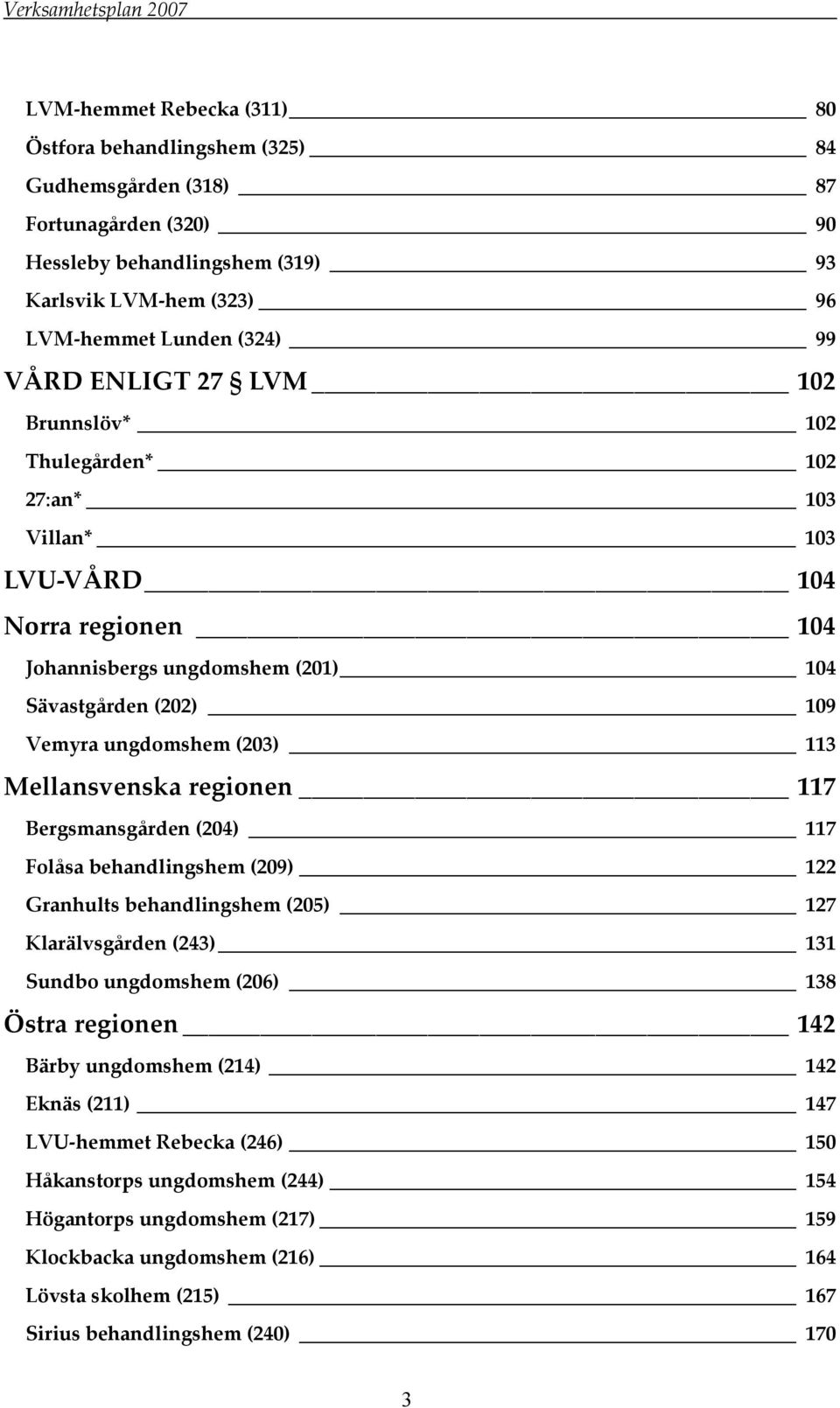 Mellansvenska regionen 117 Bergsmansgården (204) 117 Folåsa behandlingshem (209) 122 Granhults behandlingshem (205) 127 Klarälvsgården (243) 131 Sundbo ungdomshem (206) 138 Östra regionen 142 Bärby