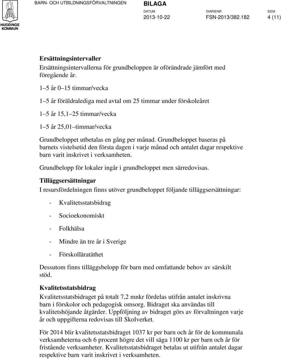 Grundbeloppet baseras på barnets vistelsetid den första dagen i varje månad och antalet dagar respektive barn varit inskrivet i verksamheten.