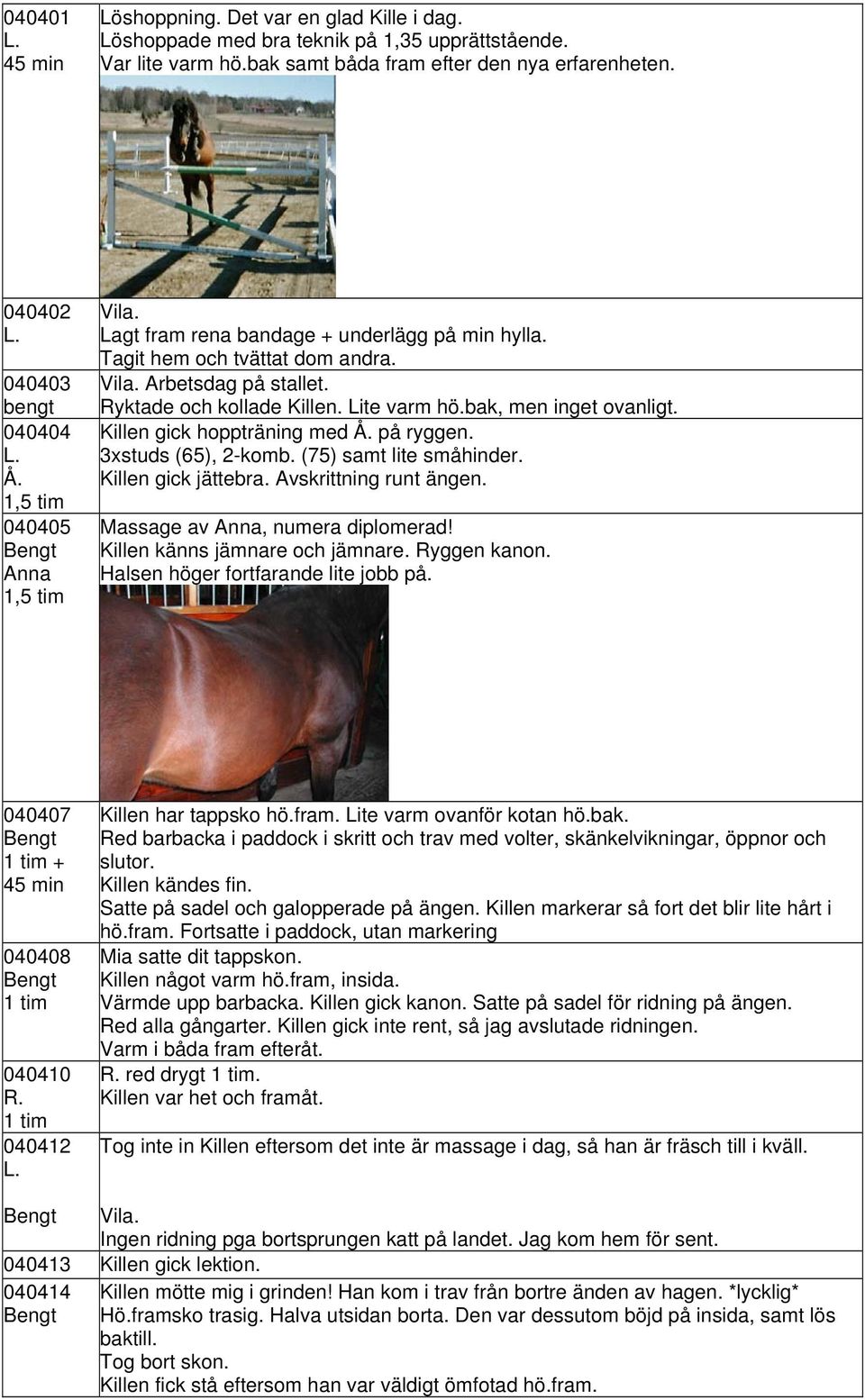 bak, men inget ovanligt. Killen gick hoppträning med på ryggen. 3xstuds (65), 2-komb. (75) samt lite småhinder. Killen gick jättebra. Avskrittning runt ängen. Massage av Anna, numera diplomerad!