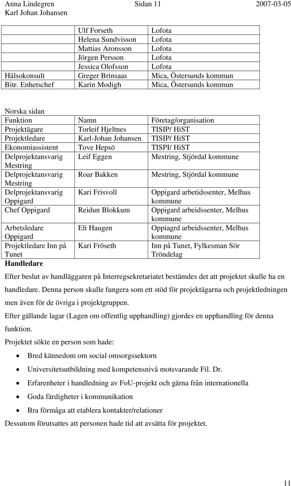 kommun Norska sidan Funktion Namn Företag/organisation Projektägare Torleif Hjeltnes TISIP/ HiST Projektledare Karl-Johan Johansen TISIP/ HiST Ekonomiassistent Tove Hepsö TISPI/ HiST