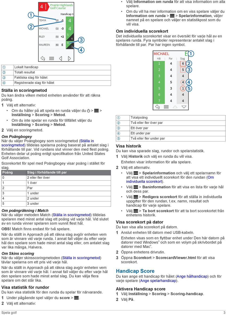 Om individuella scorekort Det individuella scorekortet visar en översikt för varje hål av en spelares runda. Fyra symboler representerar antalet slag i förhållande till par. Par har ingen symbol.