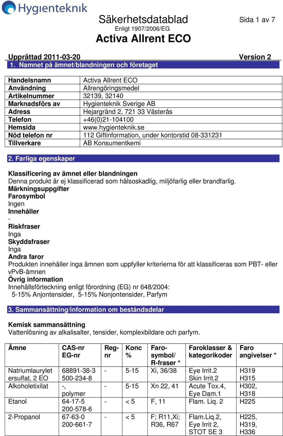 +46(0)21104100 Hemsida www.hygienteknik.se Nöd telefon nr 112 Giftinformation, under kontorstid 08331231 Tillverkare AB Konsumentkemi 2.