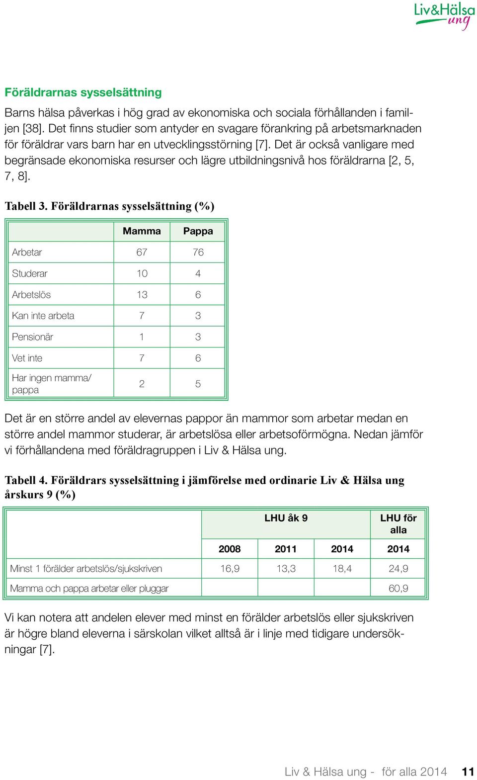 Det är också vanligare med begränsade ekonomiska resurser och lägre utbildningsnivå hos föräldrarna [2, 5, 7, 8]. Tabell 3.