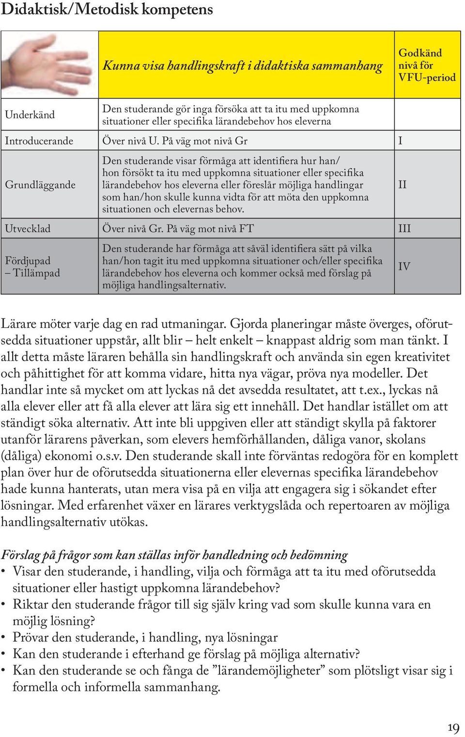 På väg mot nivå Gr I Grundläggande Den studerande visar förmåga att identifiera hur han/ hon försökt ta itu med uppkomna situationer eller specifika lärandebehov hos eleverna eller föreslår möjliga