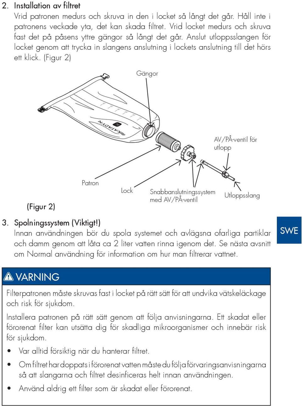 (Figur 2) Gängor EN DE AV/PÅ-ventil för utlopp FR NL (Figur 2) Patron Lock Snabbanslutningssystem med AV/PÅ-ventil Utloppsslang DK 3. Spolningssystem (Viktigt!