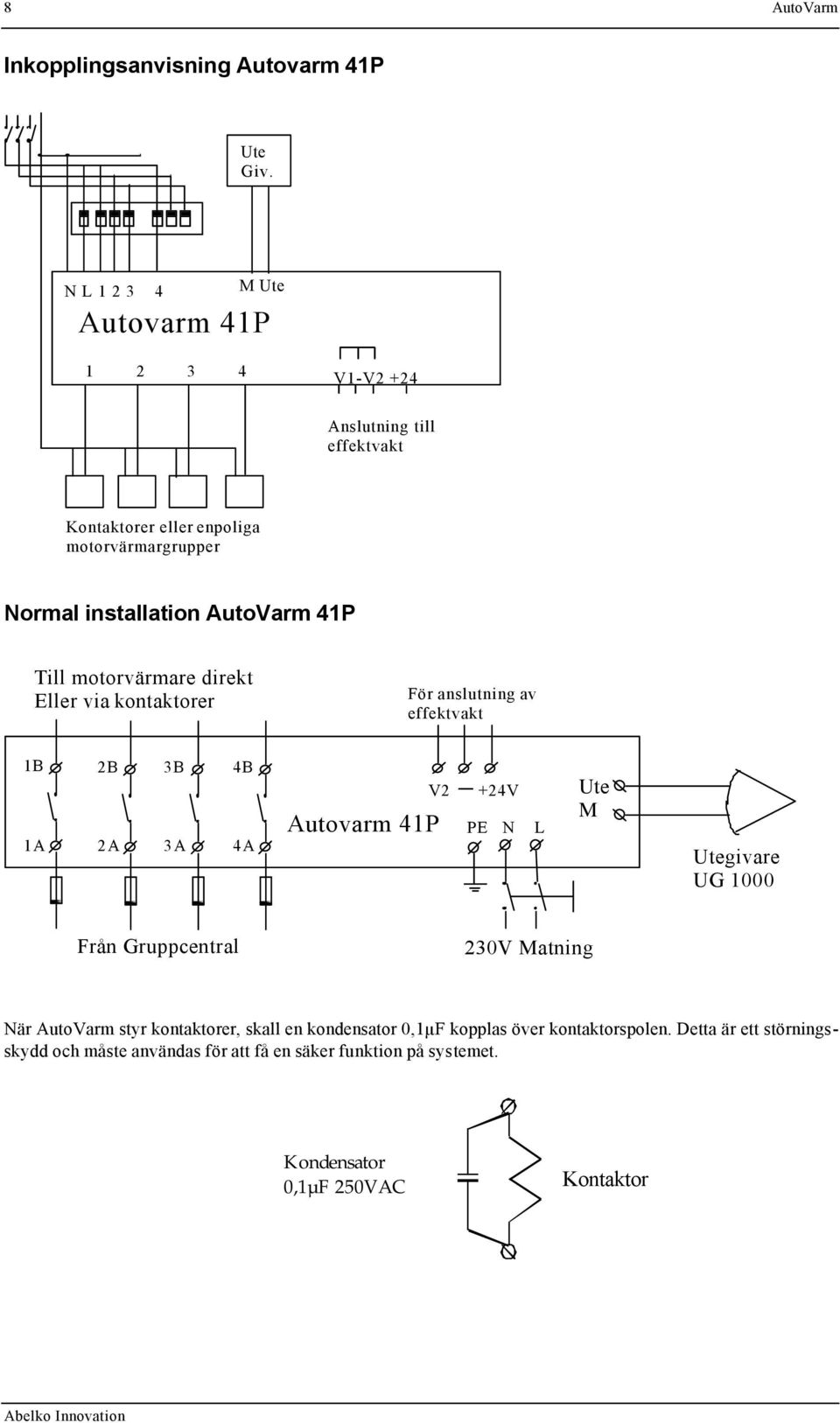 41P Till motorvärmare direkt Eller via kontaktorer För anslutning av effektvakt 1B 1A 2B 2A 3B 3A 4B 4A Autovarm 41P V2 +24V PE N L Ute M Utegivare UG