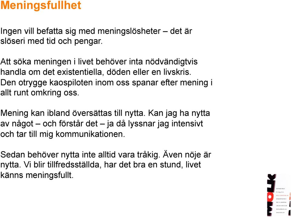Den otrygge kaospiloten inom oss spanar efter mening i allt runt omkring oss. Mening kan ibland översättas till nytta.