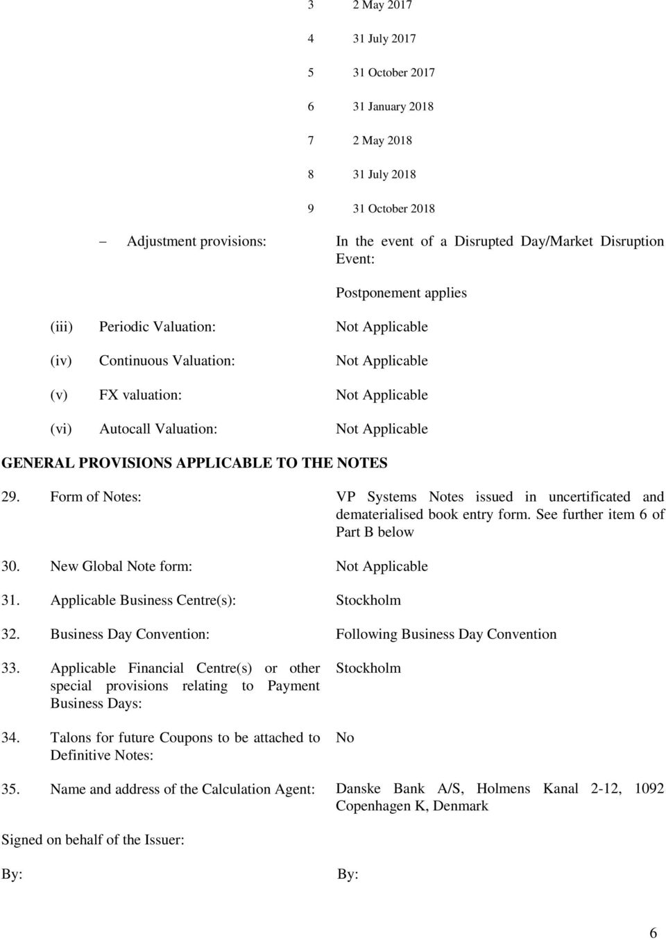 APPLICABLE TO THE NOTES 29. Form of Notes: VP Systems Notes issued in uncertificated and dematerialised book entry form. See further item 6 of Part B below 30. New Global Note form: Not Applicable 31.