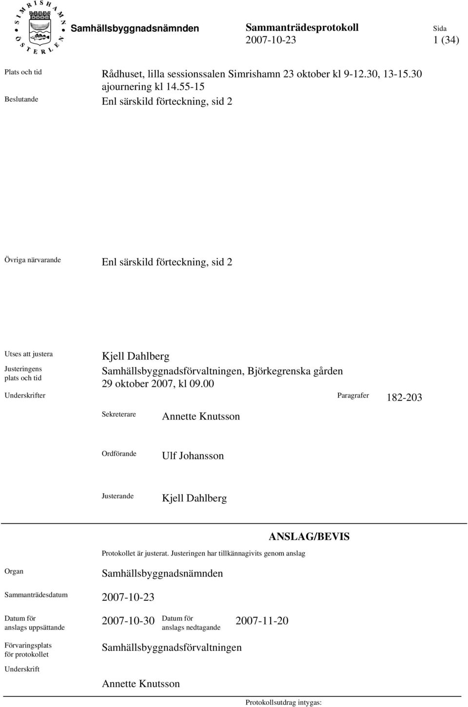Björkegrenska gården 29 oktober 2007, kl 09.00 Underskrifter Paragrafer 182-203 Sekreterare Annette Knutsson Ordförande Ulf Johansson Justerande Kjell Dahlberg Protokollet är justerat.