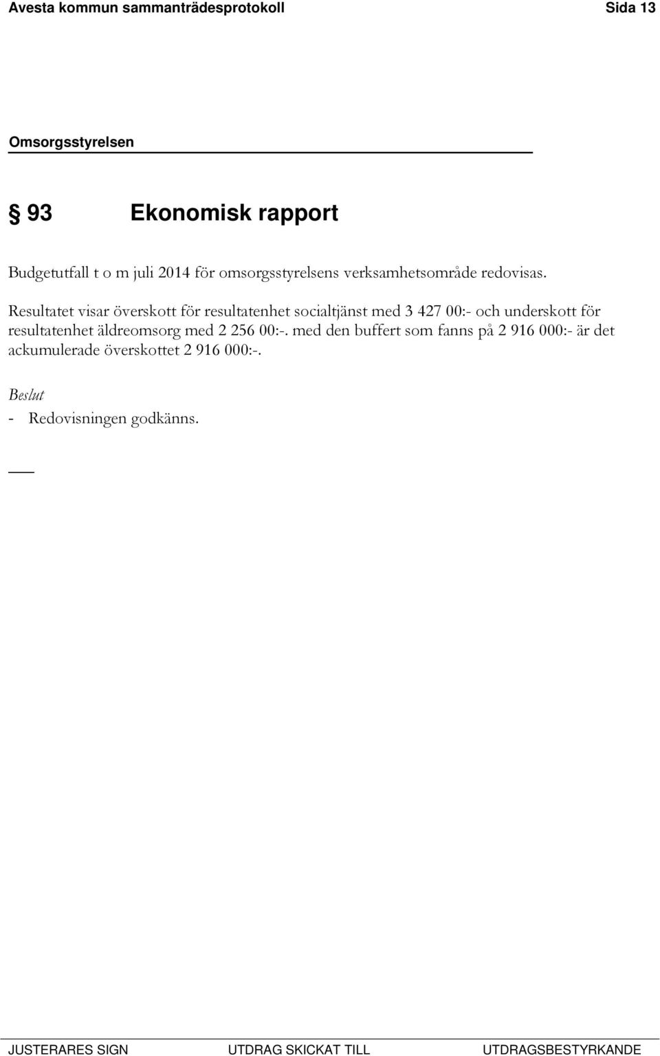 Resultatet visar överskott för resultatenhet socialtjänst med 3 427 00:- och underskott för