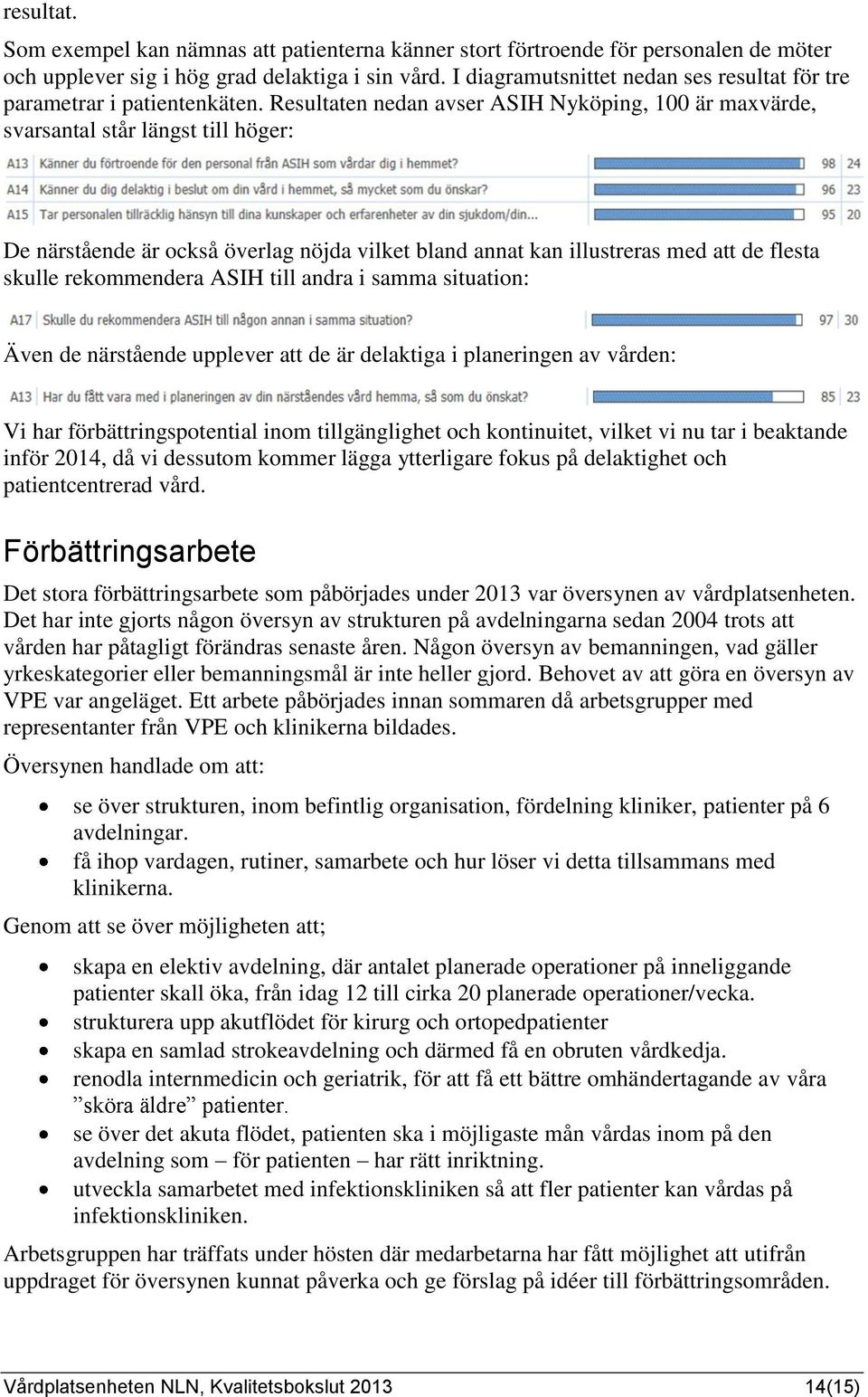 Resultaten nedan avser ASIH Nyköping, 100 är maxvärde, svarsantal står längst till höger: De närstående är också överlag nöjda vilket bland annat kan illustreras med att de flesta skulle rekommendera