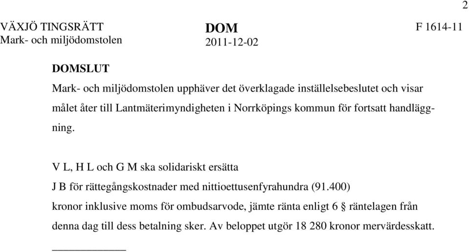 V L, H L och G M ska solidariskt ersätta J B för rättegångskostnader med nittioettusenfyrahundra (91.