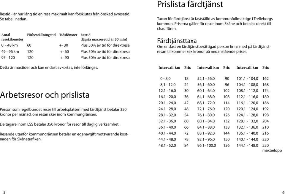 90 Plus 50% av tid för direktresa Detta är maxtider och kan endast avkortas, inte förlängas. Taxan för färdtjänst är fastställd av kommunfullmäktige i Trelleborgs kommun.