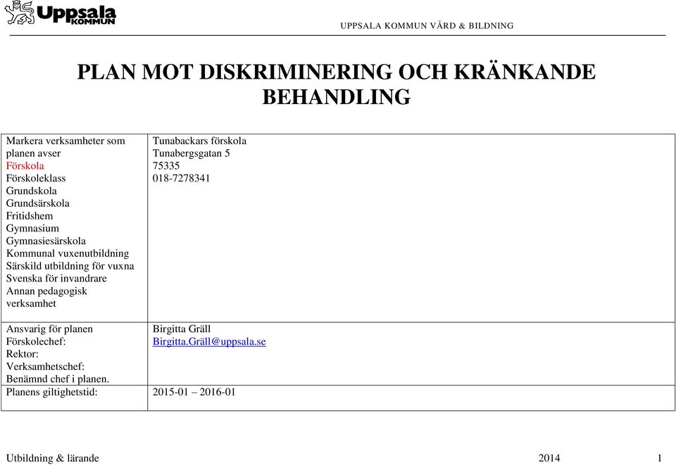 Svenska för invandrare Annan pedagogisk verksamhet Tunabackars förskola Tunabergsgatan 5 75335 018-7278341 Ansvarig för planen