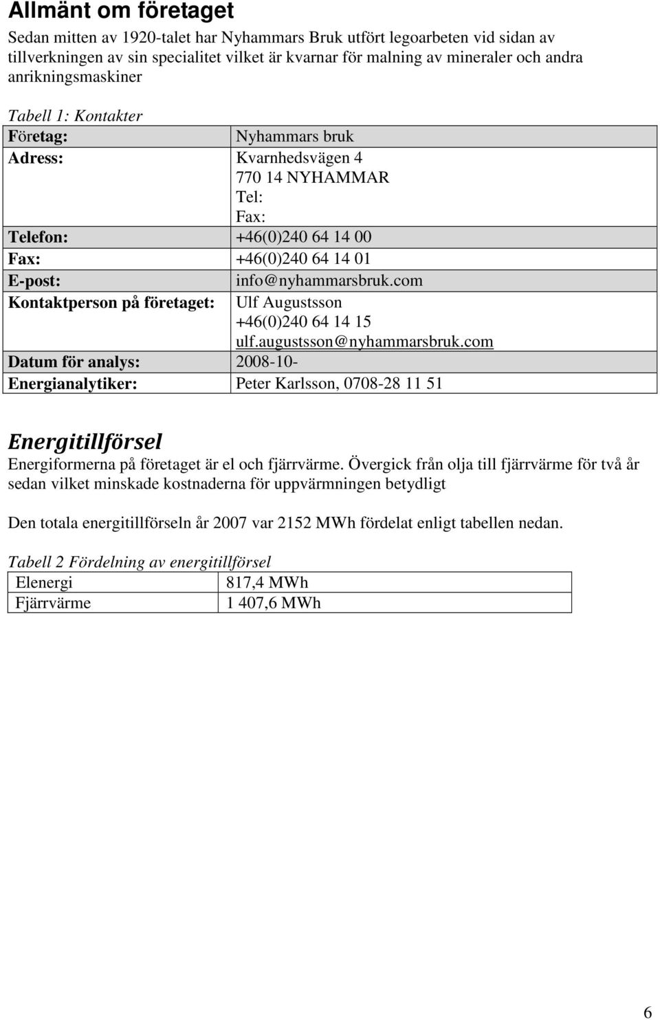 com Kontaktperson på företaget: Ulf Augustsson +46(0)240 64 14 15 ulf.augustsson@nyhammarsbruk.