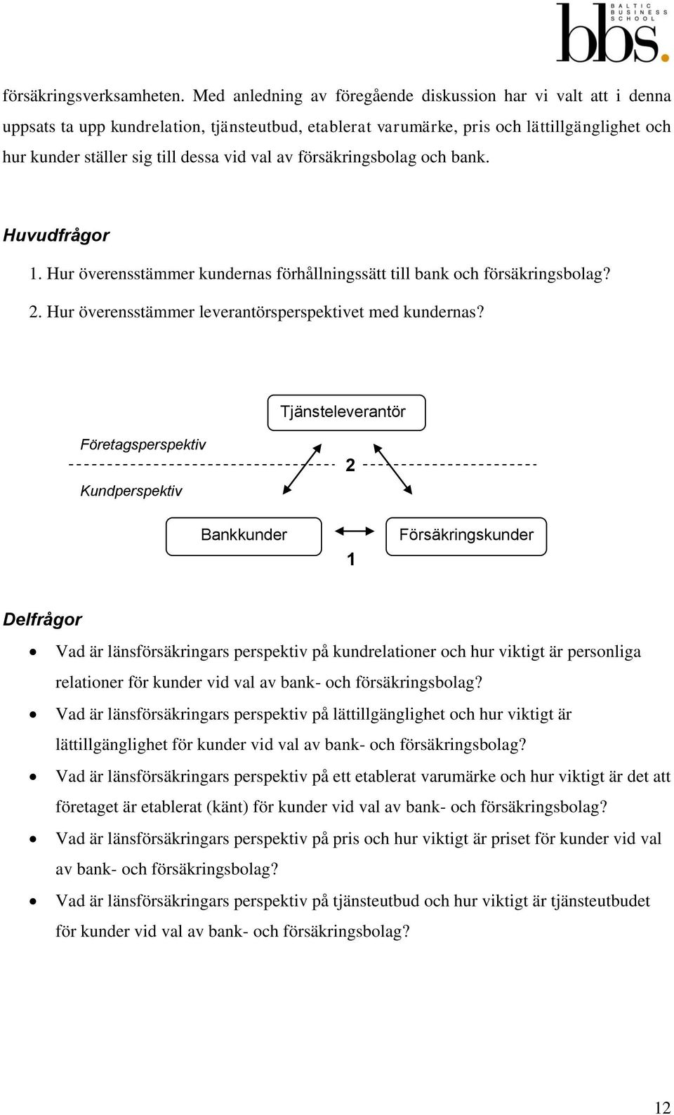 av försäkringsbolag och bank. Huvudfrågor 1. Hur överensstämmer kundernas förhållningssätt till bank och försäkringsbolag? 2. Hur överensstämmer leverantörsperspektivet med kundernas?