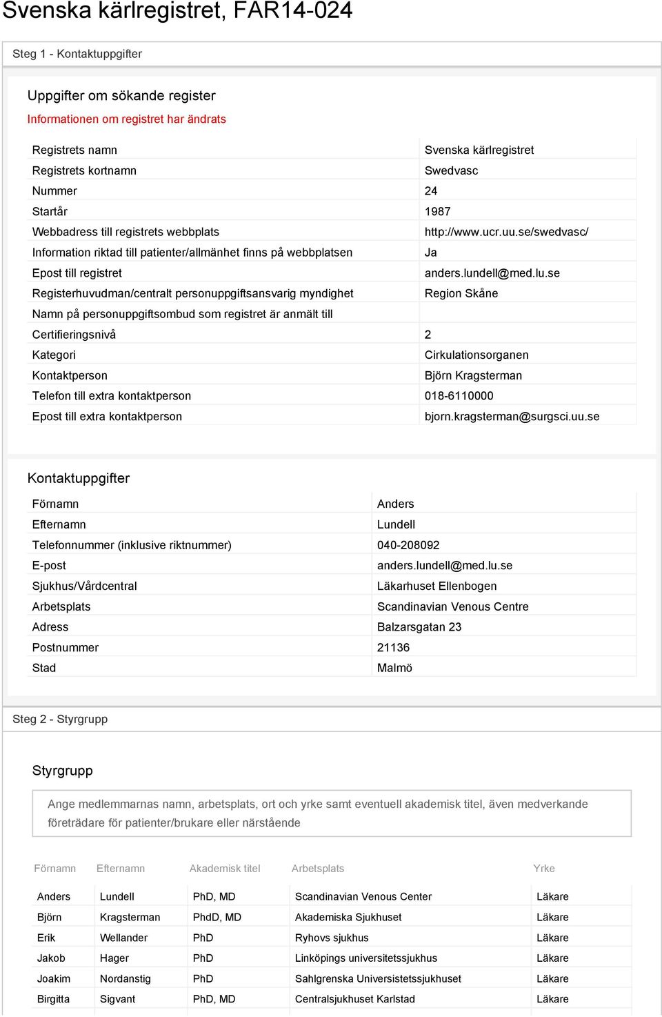 lu.se Registerhuvudman/centralt personuppgiftsansvarig myndighet Region Skåne Namn på personuppgiftsombud som registret är anmält till Certifieringsnivå 2 Kategori Cirkulationsorganen Kontaktperson