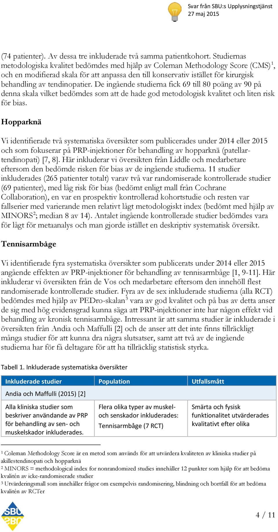 tendinopatier. De ingående studierna fick 69 till 80 poäng av 90 på denna skala vilket bedömdes som att de hade god metodologisk kvalitet och liten risk för bias.