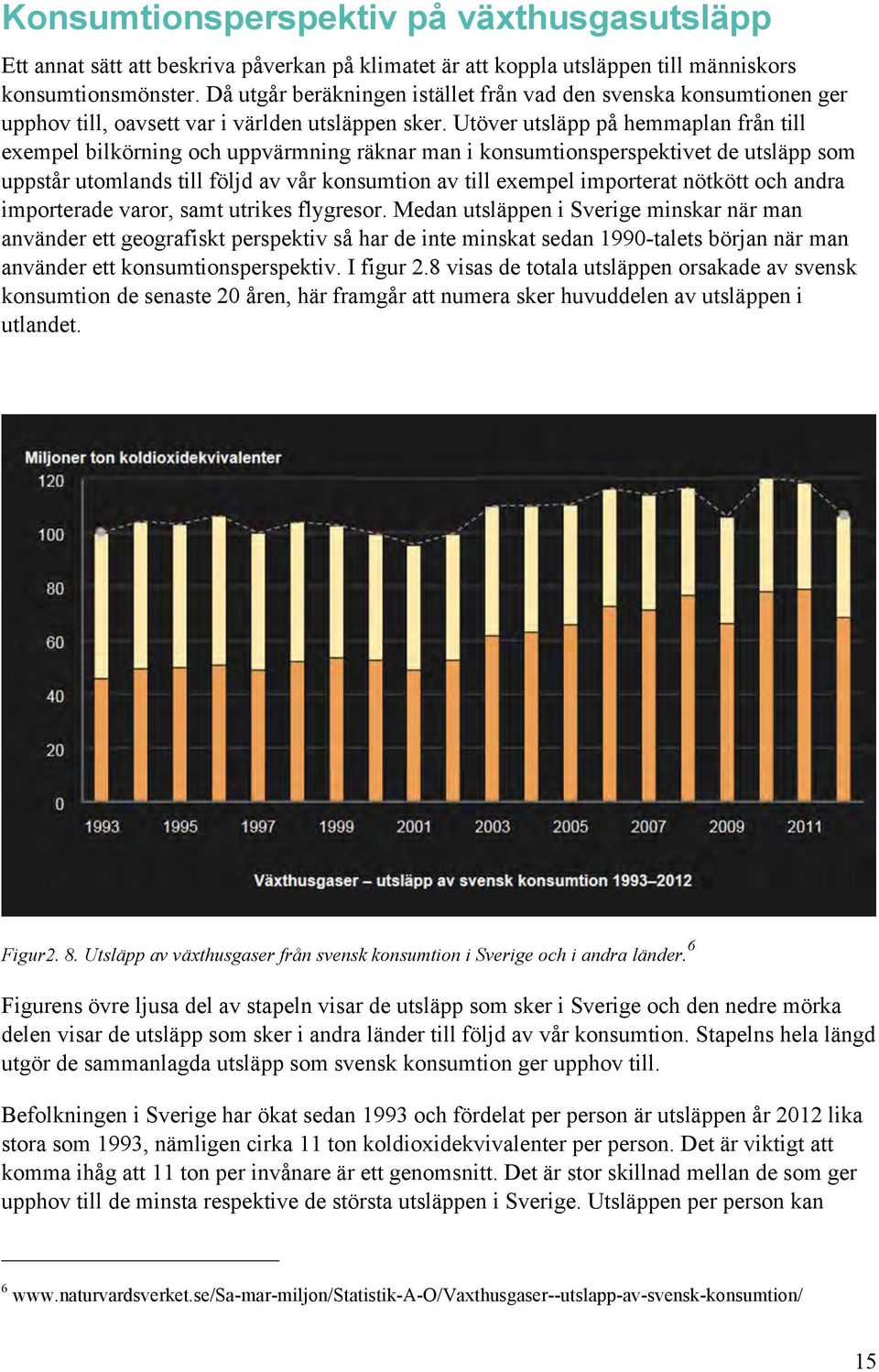 Utöver utsläpp på hemmaplan från till exempel bilkörning och uppvärmning räknar man i konsumtionsperspektivet de utsläpp som uppstår utomlands till följd av vår konsumtion av till exempel importerat