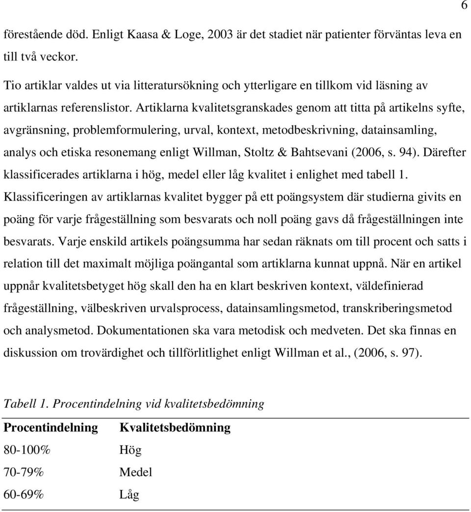 Artiklarna kvalitetsgranskades genom att titta på artikelns syfte, avgränsning, problemformulering, urval, kontext, metodbeskrivning, datainsamling, analys och etiska resonemang enligt Willman,