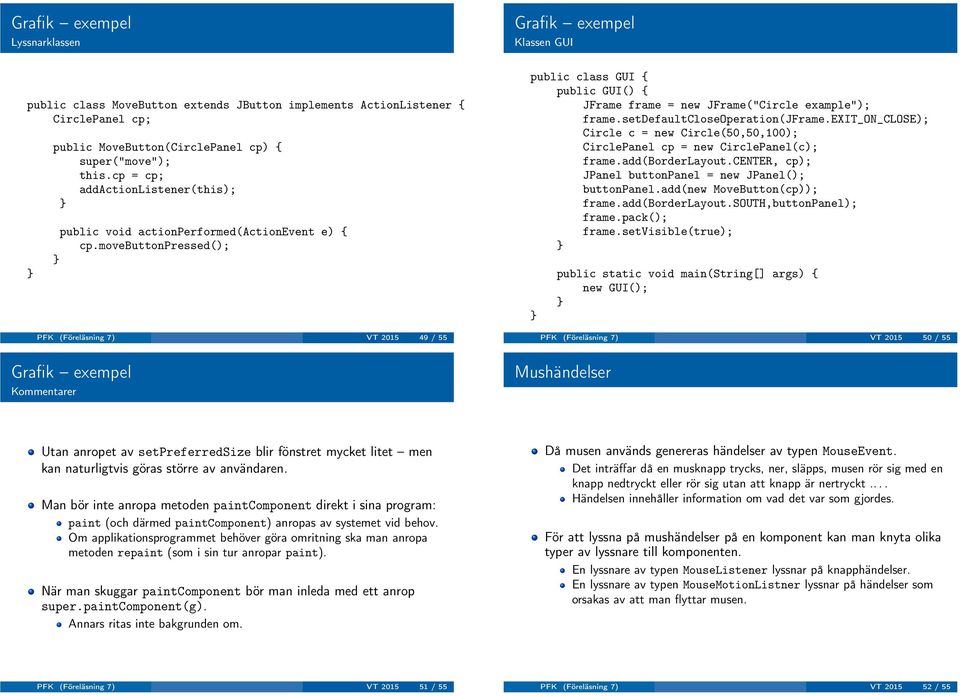 movebuttonpressed(); PFK (Föreläsning 7) VT 2015 49 / 55 Grafik exempel Klassen GUI public class GUI { public GUI() { JFrame frame = new JFrame("Circle example"); Circle c = new Circle(50,50,100);