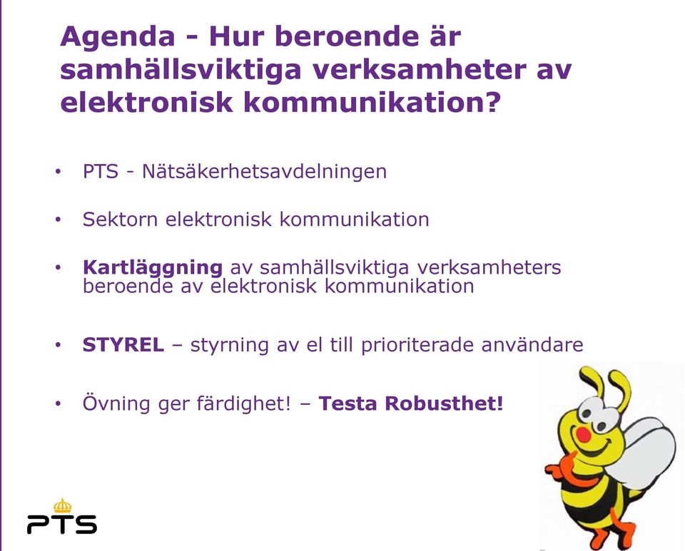 PTS - Nätsäkerhetsavdelningen Sektorn elektronisk kommunikation Kartläggning av