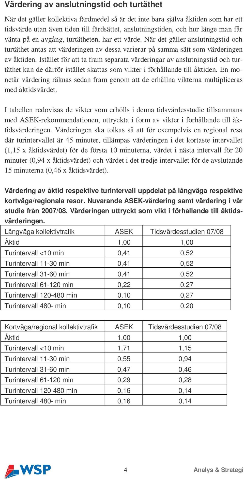 Istället för att ta fram separata värderingar av anslutningstid och turtäthet kan de därför istället skattas som vikter i förhållande till åktiden.