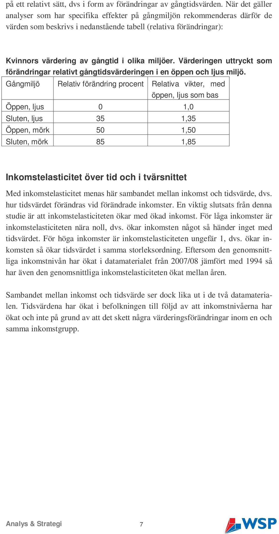 miljöer. Värderingen uttryckt som förändringar relativt gångtidsvärderingen i en öppen och ljus miljö.