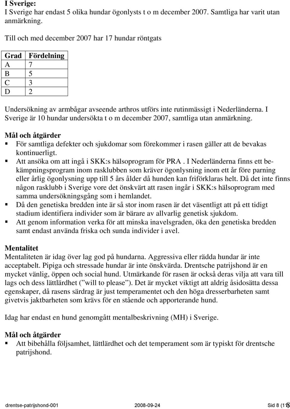 I Sverige är 10 hundar undersökta t o m december 2007, samtliga utan anmärkning. Mål och åtgärder För samtliga defekter och sjukdomar som förekommer i rasen gäller att de bevakas kontinuerligt.