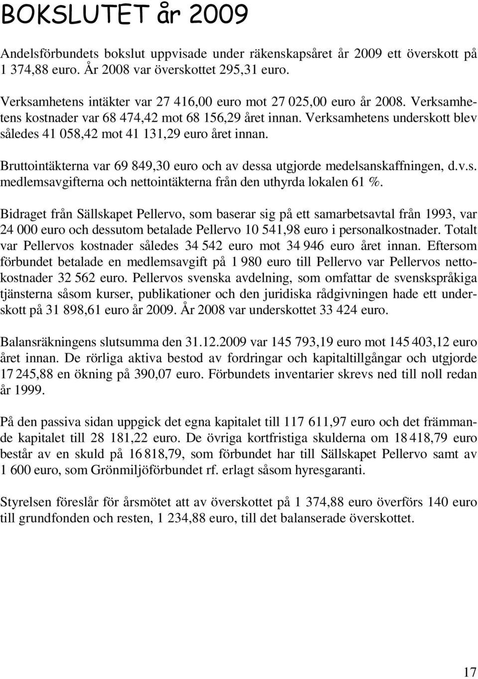 Verksamhetens underskott blev således 41 058,42 mot 41 131,29 euro året innan. Bruttointäkterna var 69 849,30 euro och av dessa utgjorde medelsanskaffningen, d.v.s. medlemsavgifterna och nettointäkterna från den uthyrda lokalen 61 %.