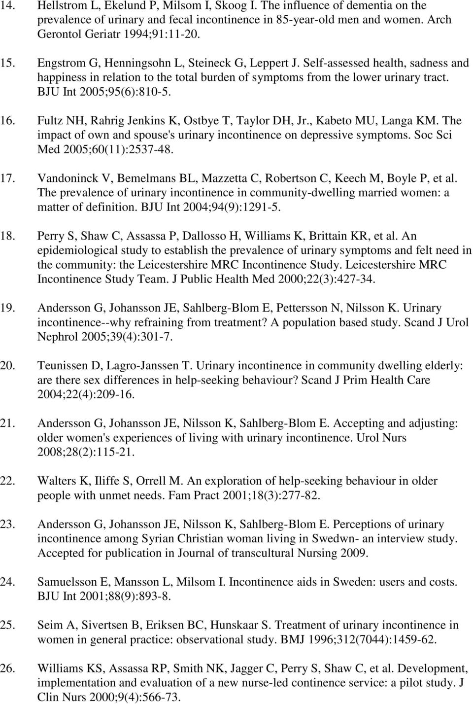 Fultz NH, Rahrig Jenkins K, Ostbye T, Taylor DH, Jr., Kabeto MU, Langa KM. The impact of own and spouse's urinary incontinence on depressive symptoms. Soc Sci Med 2005;60(11):2537-48. 17.