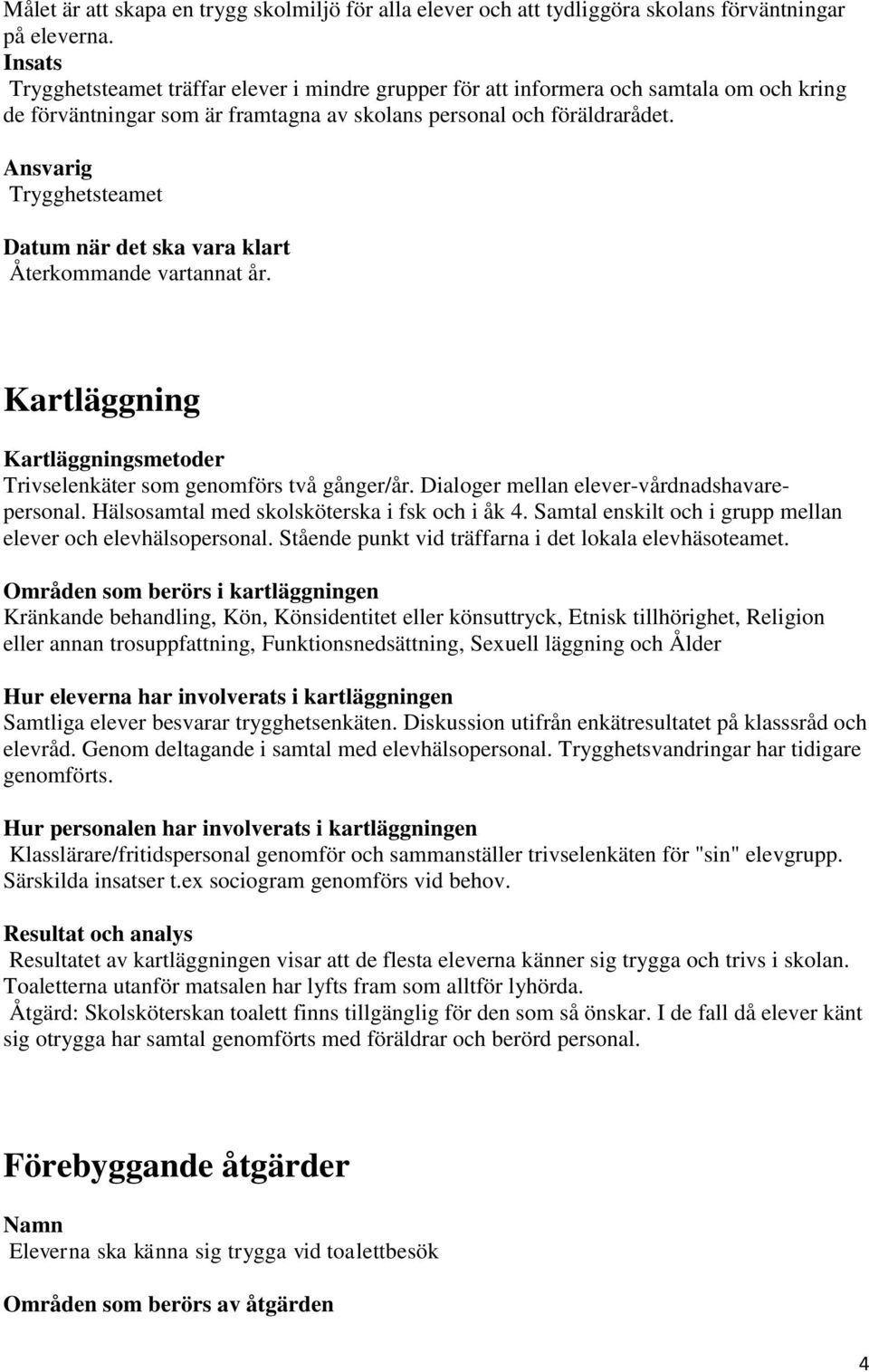 Ansvarig Trygghetsteamet Datum när det ska vara klart Återkommande vartannat år. Kartläggning Kartläggningsmetoder Trivselenkäter som genomförs två gånger/år.