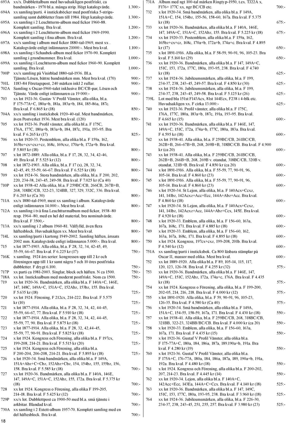 Komplett samling i fina album. Bra kval. 1.200:- 697A xx/x samling i album med fickor 1880-tal-1969, mest xx. Katalogvärde enligt inlämnaren 21000:-. Mest bra kval. 1.100:- 698A xx samling i Schaubek-album med fickor 1970-90.