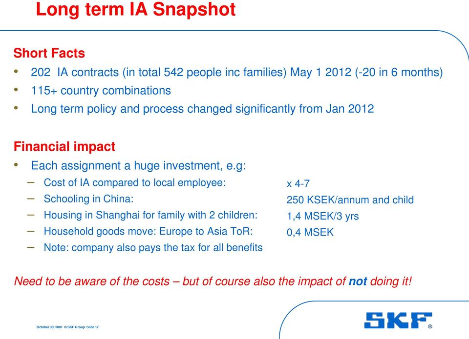 g: Cost of IA compared to local employee: Schooling in China: Housing in Shanghai for family with 2 children: Household goods move: Europe to Asia ToR: