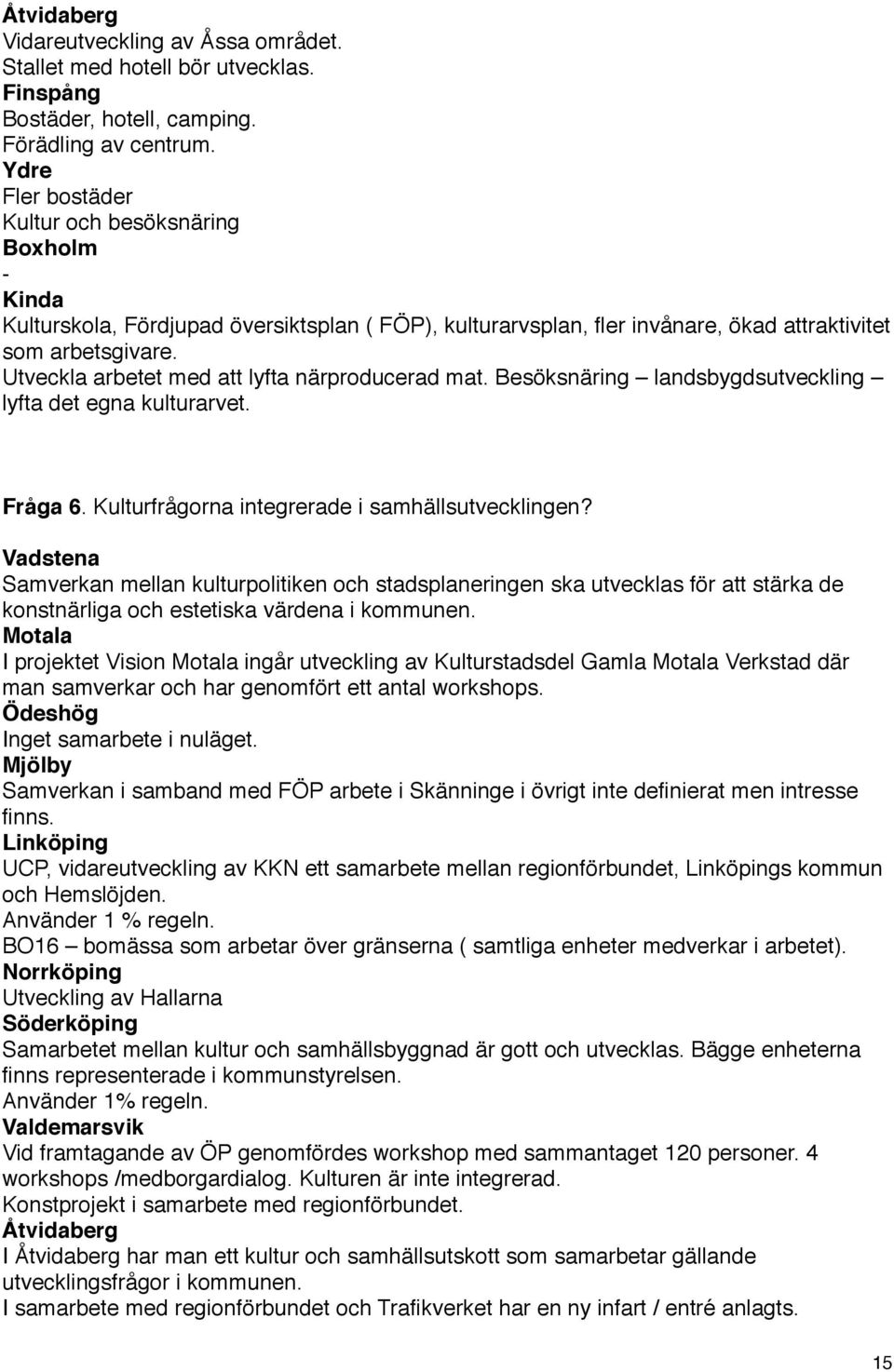 Utveckla arbetet med att lyfta närproducerad mat. Besöksnäring landsbygdsutveckling lyfta det egna kulturarvet. Fråga 6. Kulturfrågorna integrerade i samhällsutvecklingen?