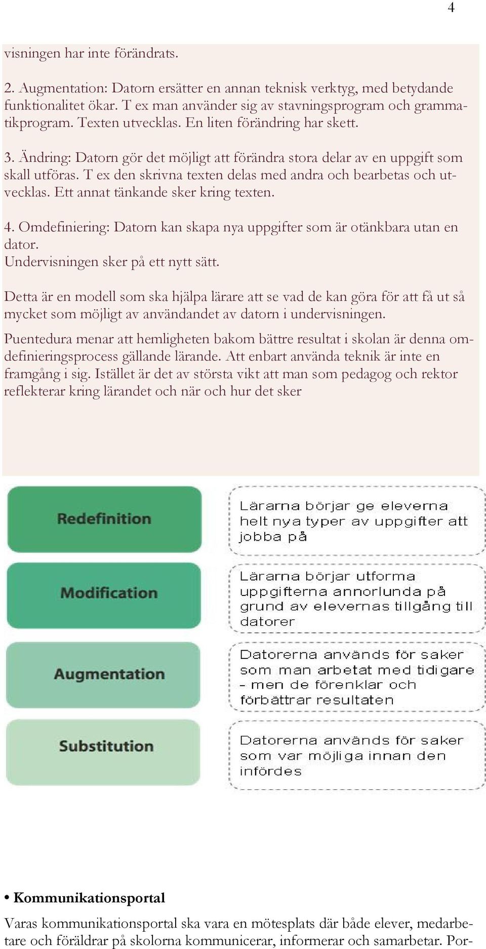 T ex den skrivna texten delas med andra och bearbetas och utvecklas. Ett annat tänkande sker kring texten. 4. Omdefiniering: Datorn kan skapa nya uppgifter som är otänkbara utan en dator.