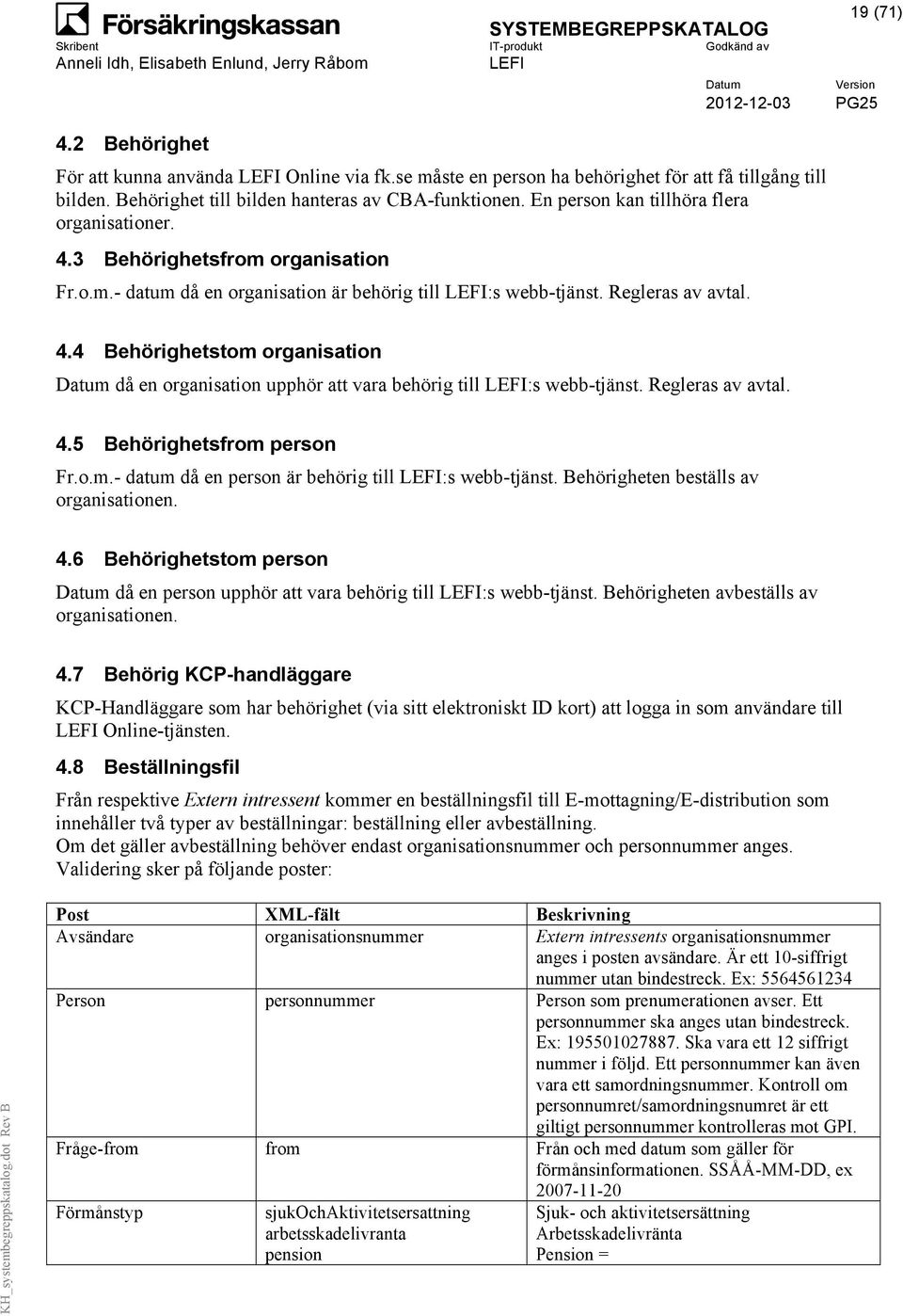 Regleras av avtal. 4.5 Behörighetsfrom person Fr.o.m.- datum då en person är behörig till :s webb-tjänst. Behörigheten beställs av organisationen. 4.6 Behörighetstom person då en person upphör att vara behörig till :s webb-tjänst.