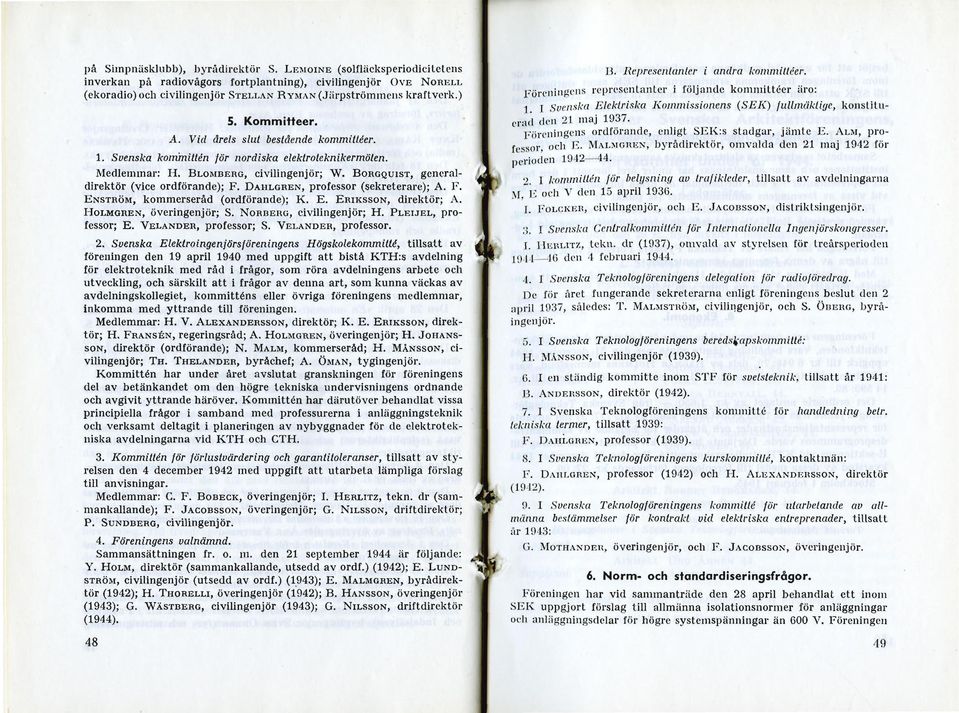 Vid årets slut bestående kommittéer. 1. Svenska kommittén för nordiska elektroleknikermöten. Medlemmar: H. BLOMBERG, civilingenjör; W. BORGQUIST, generaldirektör (vice ordförande); F.